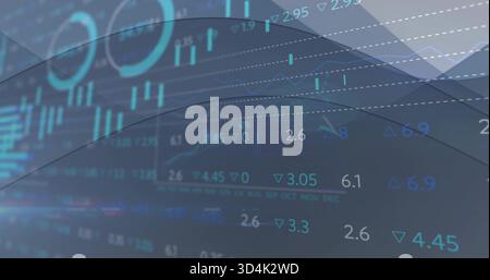 Displaying centered financial data on blue to teal gradient, showing numeric readouts, candlesticks Stock Photo