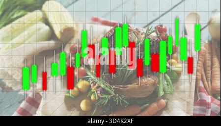 Displaying whole roast poultry sitting on board in kitchen with rosemary, veg and chart overlay Stock Photo