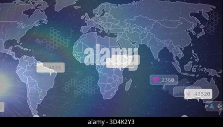 Displaying stylized world map pulsing across dark blue dashboard, with speech-bubble labels Stock Photo
