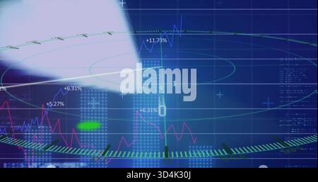 Displaying circular HUD on trading screen, showing magenta and blue charts and green marker Stock Photo
