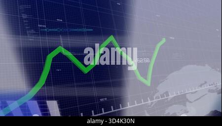 Displaying green zigzag line chart climbing dark blue grid, showing axis ticks, globe silhouette Stock Photo