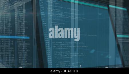 Displaying vertical monitor showing source code in control room, with glass panels and LED glow Stock Photo
