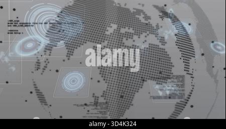 Displaying dot-matrix globe rotating in virtual dashboard, with clear panels and cyan rings Stock Photo