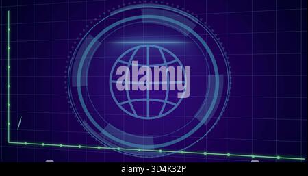 Showing central globe with concentric HUD rings and dotted markers on dashboard, green plotted line Stock Photo
