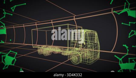 Glowing wireframe box truck occupying central tunnel, showing cab chassis wheels and orange grid Stock Photo