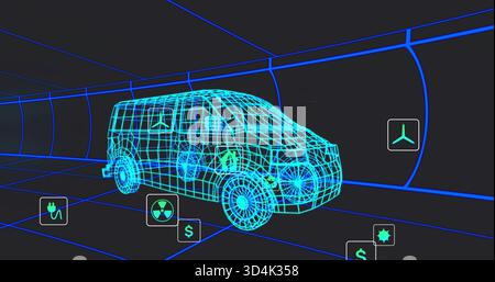 Rotating cyan wireframe van moving through blue grid tunnel, showing floating icons near vehicle Stock Photo