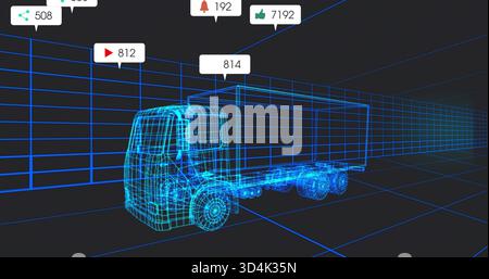 Glowing wireframe box truck sitting on 3D grid, displaying mesh wheels, chassis and HUD counters Stock Photo