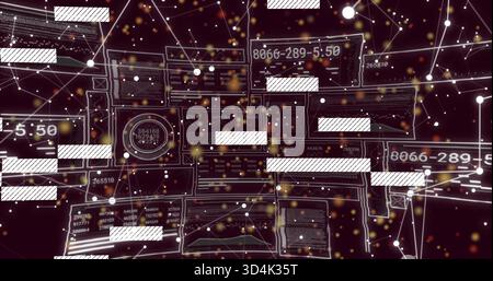 Displaying central cluster of floating UI panels in virtual 3D visualization, showing gauge, nodes Stock Photo