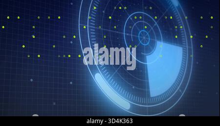 Displaying large circular radar HUD sweeping on right of blue grid, with green blips, crosshair Stock Photo
