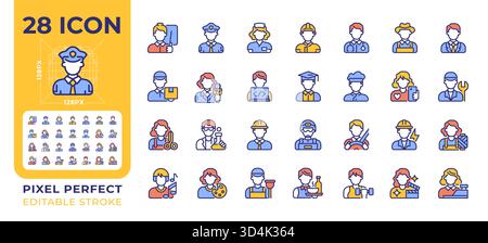 Professions pixel perfect line color icons set Stock Vector