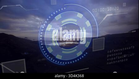 Displaying circular HUD overlay centered above coastal inlet, showing readout 507 and 00:00:10:20 Stock Photo