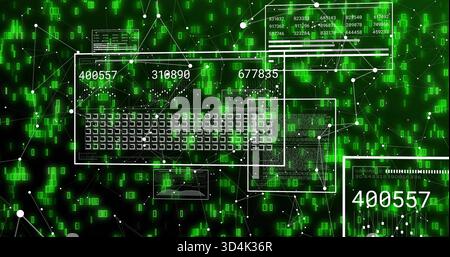 Displaying white wireframe keyboard grid and UI panels centered, showing numbers, nodes, green data Stock Photo
