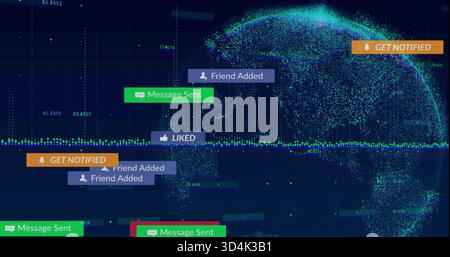 Displaying dotted teal globe pulsing on dashboard, showing waveform, badges, gridlines, copy space Stock Photo