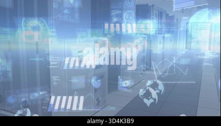Displaying server bank projecting holographic charts in data center corridor, with LED lights Stock Photo