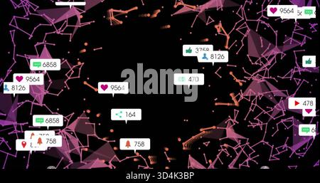 Framing central void, lowpoly nodes forming purple network social badges showing counters on black Stock Photo