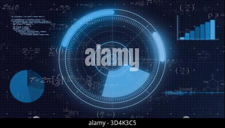 Displaying central radar-style HUD pulsing on dark blue grid canvas, showing pie chart, waveform Stock Photo