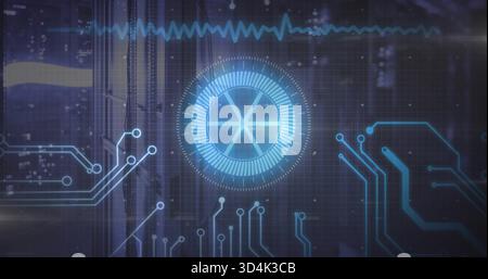 Displaying central holographic reticle glowing over control room backdrop, with grid overlay Stock Photo