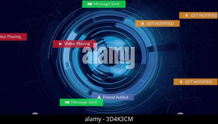 Displaying central HUD glowing on digital interface, showing Message Sent and GET NOTIFIED banners Stock Photo