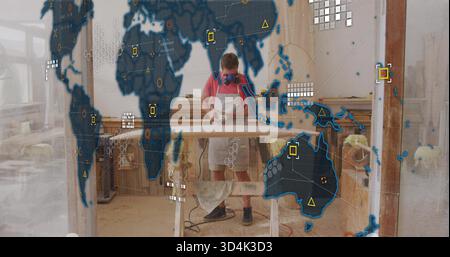 Sanding worker wearing respirator mask, apron using sander on board atop sawhorses with HUD overlay Stock Photo