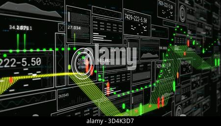 Displaying neon 3D graph rising across screen, with yellow trend, red green candles, circular gauge Stock Photo