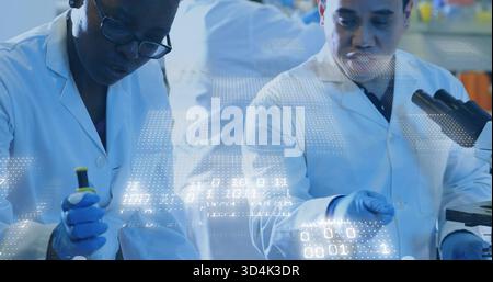 Pipetting researchers testing at bench in lab coats, blue gloves, using pipette with data overlays Stock Photo