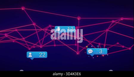 Displaying neon network graph across dashboard, showing magenta nodes and blue badges 13 22 3 Stock Photo