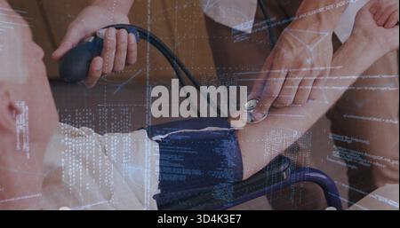 Taking lab-coated Dr pumping bulb, placing scope on patient's arm with BP cuff in clinic overlay Stock Photo