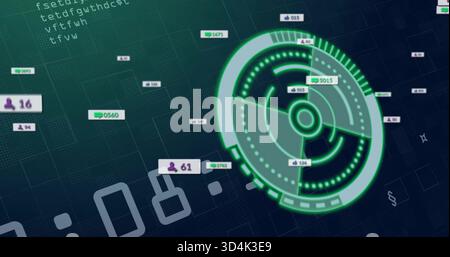 Displaying neon-green HUD radar on right over dark teal grid with floating data tags, copy space Stock Photo