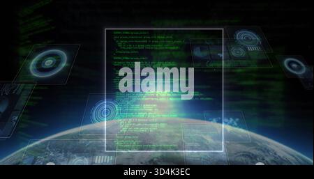 Projecting central holographic screen showing green code over Earth's horizon, with HUD panels Stock Photo
