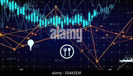 Displaying data dashboard on dark dotted grid, showing cyan candlesticks, blue and orange lines Stock Photo