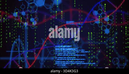 Displaying stylized DNA double helix moving in virtual lab visualization, with binary digits, code Stock Photo