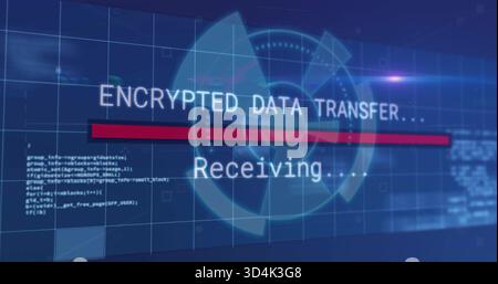 Displaying encrypted data transfer receiving text and red progress bar on blue grid, showing radar Stock Photo