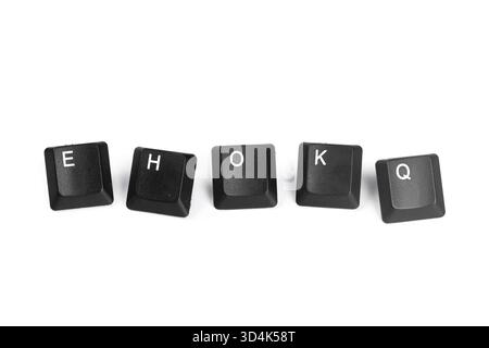 Black keyboard keys displaying letters E, H, O, K, and Q on a white background Stock Photo