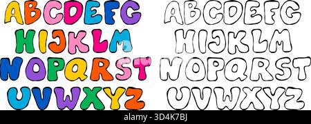 Colorful and Outline Alphabet set. Isolated Crayon textured bubble letters. Hand-Drawn doodles for kids design back-to-school, for comics, trendy post Stock Vector