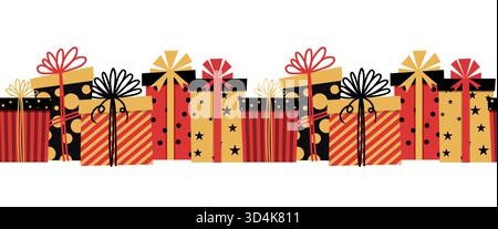 Seamless border with a festive gift for Christmas or birthday. Cute gift box in flat style. Cozy illustration for cards, posters, wrapping, scrapbooki Stock Vector