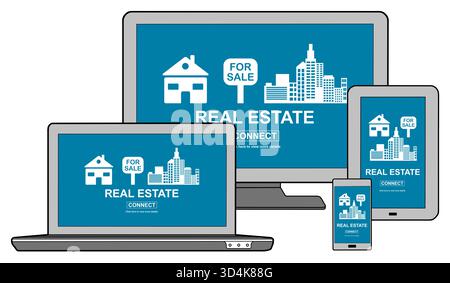 Real estate concept shown on different information technology devices Stock Photo