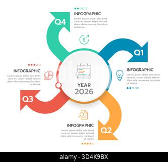 Infographic template for business. 4 Steps month Quarters Mindmap diagram with arrows and topics, calendar presentation vector infographic. Stock Vector