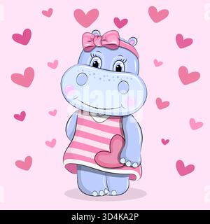 Cute cartoon Hippo with hearts. Vector illustration of animal on pink background with hearts. Stock Vector