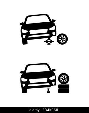 Car tire change using car jack, set of two simple icon illustrations. Stock Vector