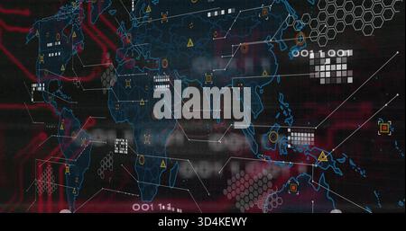 Displaying digital world map glowing blue outlines on dashboard, showing hex grids, warning icons Stock Photo