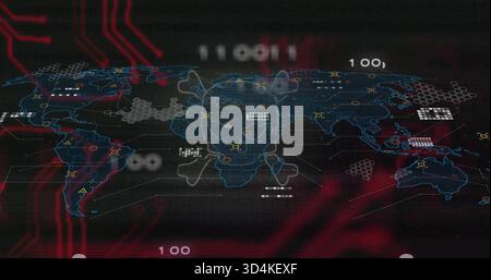 Displaying digital world map with skull-and-crossbones overlay on dashboard, showing data nodes Stock Photo