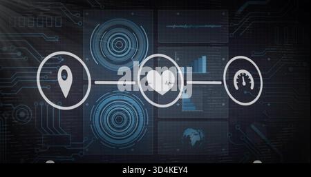 Displaying pin, heart ECG, gauge as linked circular icons on digital HUD showing radar waveform Stock Photo