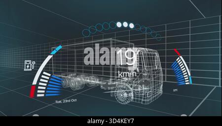 Displaying wireframe heavy truck trailer moving through 3D grid, showing HUD speed 19 km or h Stock Photo