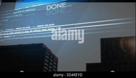 Displaying translucent HUD-style overlay over skyline at dusk, showing DONE Stock Photo