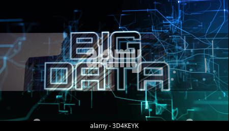 Displaying bold BIG DATA typography dominating virtual tech stage, with glowing circuit lines Stock Photo