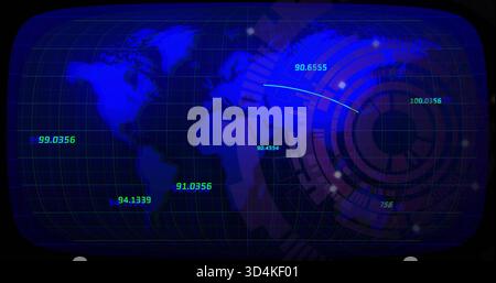 Displaying digital world map overlaying console, showing HUD rings, trajectory, numeric labels Stock Photo