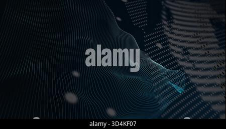 Flowing 3D wireframe mesh undulating across dark scene, showing contour lines, dotted right, bokeh Stock Photo