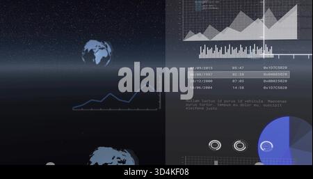 Showing analytics UI over starfield, displaying area charts, pie and gauge charts, copy space Stock Photo
