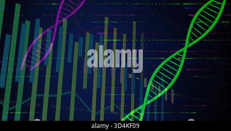 Displaying neon green double-helix crossing virtual dashboard with magenta helix, bars, copy space Stock Photo