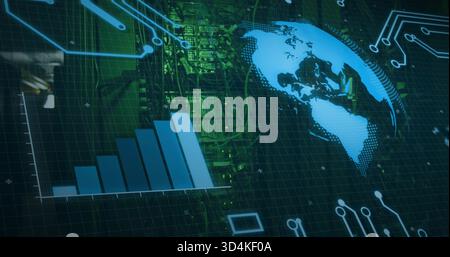 Displaying HUD showing stylized globe and ascending bar chart in server room with green LEDs Stock Photo